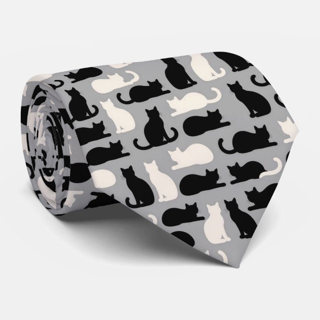 Black and White Cat Illustrations Tie (Rolled)