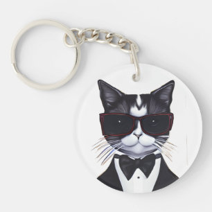 Black and White Cat in a Tuxedo and Bow Tie Key Ring