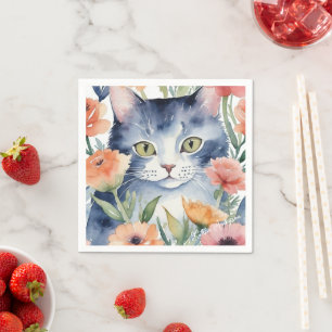 black and white cat in flowers watercolor napkin