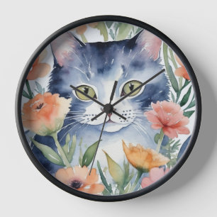 BLACK AND WHITE CAT IN FLOWERS WATERCOLOWall Clock
