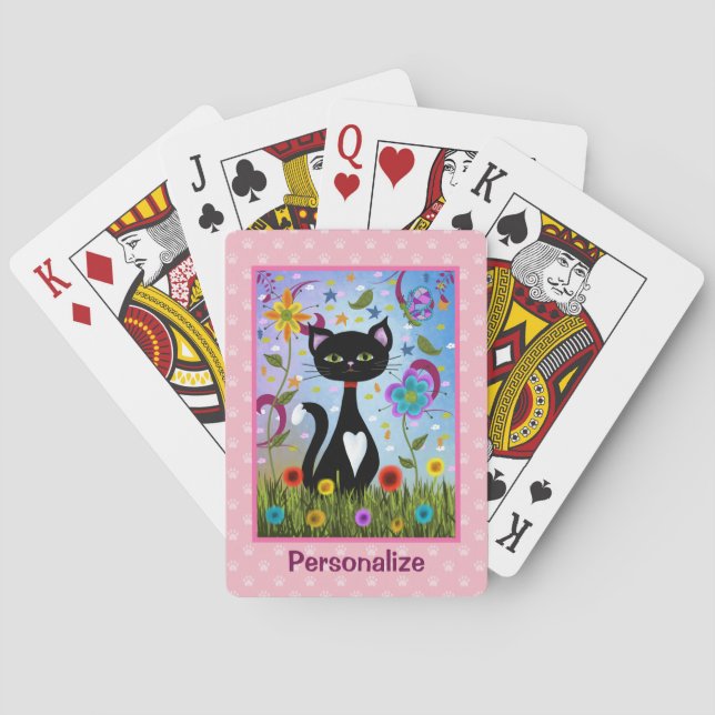 Black And White Cat In The Garden Personalised Playing Cards (Back)