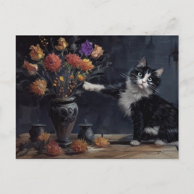 Black and white cat knocking vase off table postcard (Front)