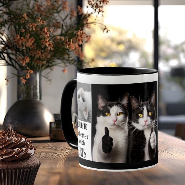 Black and White Cat Lover Photo Coffee Mug (Template mug for 4 of your custom photos (or cat images) on a black and white design - cat lover)