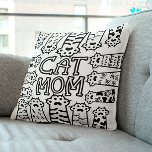 Black and white cat mom with cat paws cushion