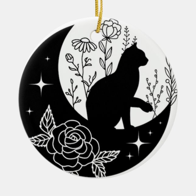 Black and White Cat Moon Window Suncatcher Ceramic Tree Decoration (Front)