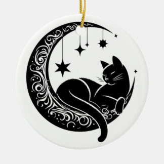 Black and White Cat Moon Window Suncatcher Ceramic Tree Decoration