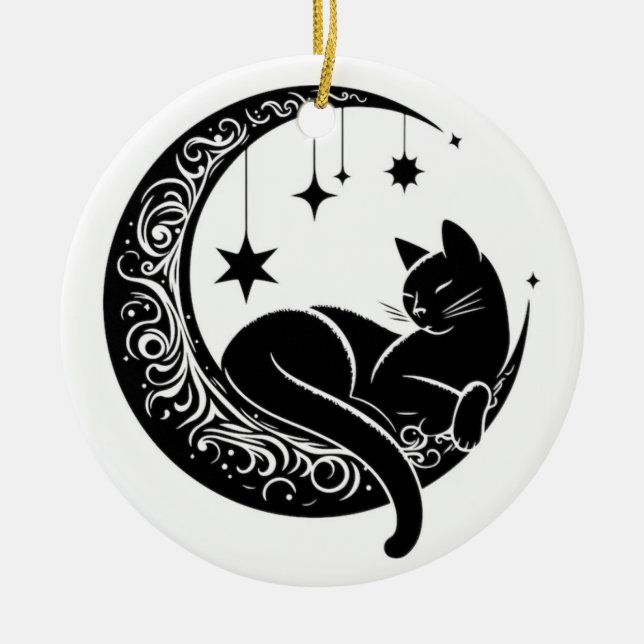 Black and White Cat Moon Window Suncatcher Ceramic Tree Decoration (Front)