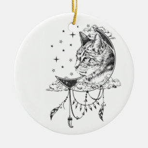 Black and White Cat Moon Window Suncatcher Ceramic Tree Decoration