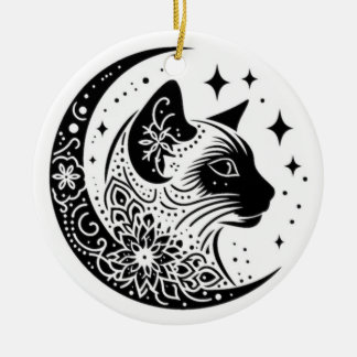 Black and White Cat Moon Window Suncatcher Ceramic Tree Decoration