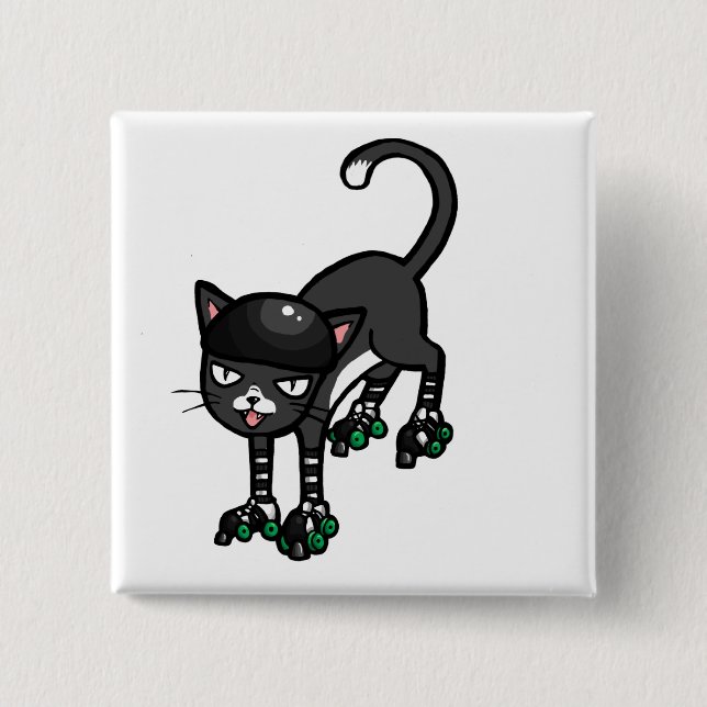Black and white cat on Rollerskates 15 Cm Square Badge (Front)