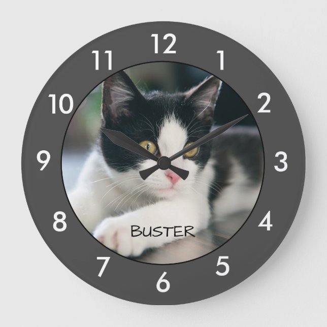 Black and white cat Personalized Large Clock (Front)