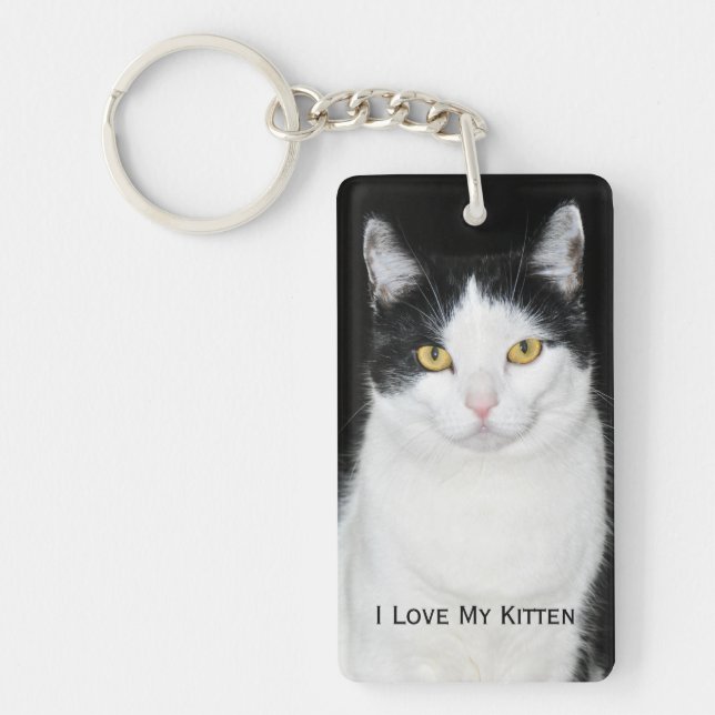 Black and White Cat Portrait Key Ring (Front)