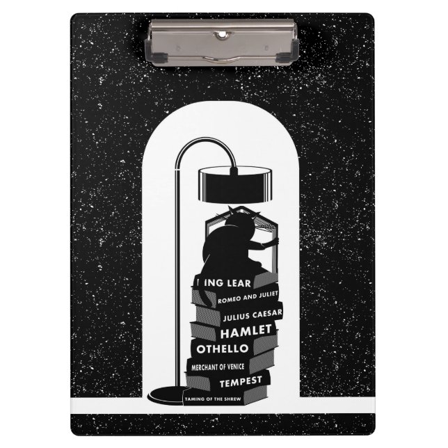 Black and White Cat Reading Shakespeare Plays Clipboard (Front)