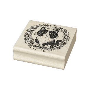 Black and White Cat Santa Christmas                Rubber Stamp