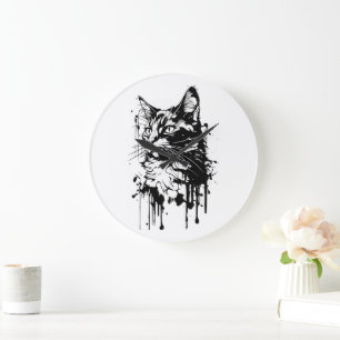 Black and White Cat Splash Large Clock