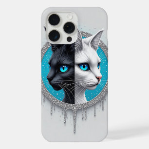 Black and White Cat Split Portrait With Blue Eyes iPhone 15 Pro Max Case