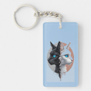 Black and White Cat Split Portrait With Blue Eyes Key Ring