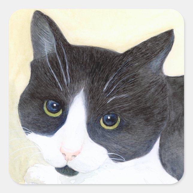 Black and White Cat Square Sticker (Front)