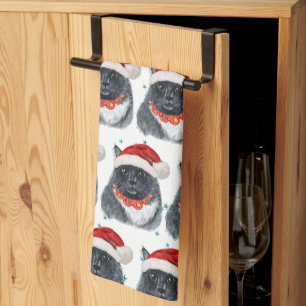 Black and White Cat Watercolor Santa Hat Christmas Tea Towel