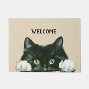 black and white cat welcome doormat