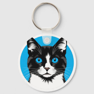 Black and White Cat with Blue Eyes Key Ring