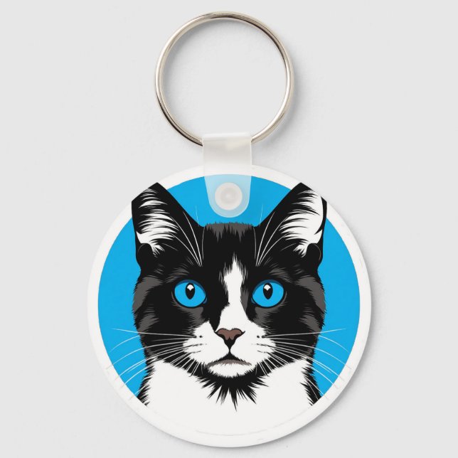 Black and White Cat with Blue Eyes Key Ring (Front)