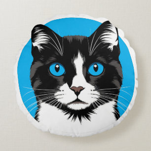 Black and White Cat with Blue Eyes Round Cushion