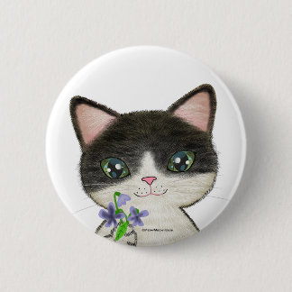 Black and White Cat with Violets 6 Cm Round Badge