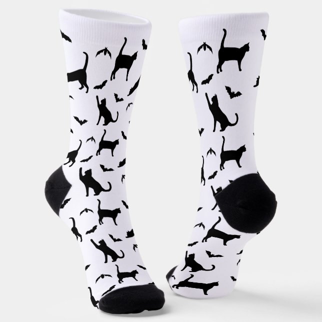 Black And White Cats And Bats Pattern Halloween Socks (Angled)