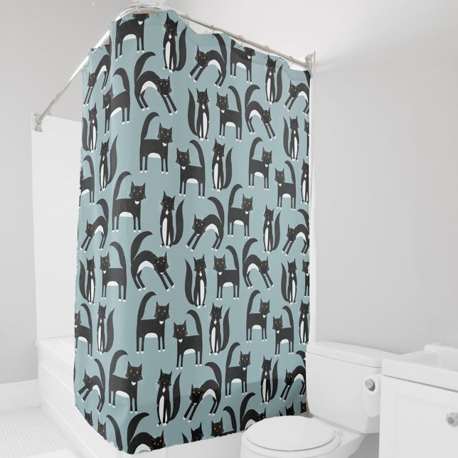Black and White Cats Shower Curtain (Black and white Tuxedo Cat pattern shower curtain on a teal blue green background)