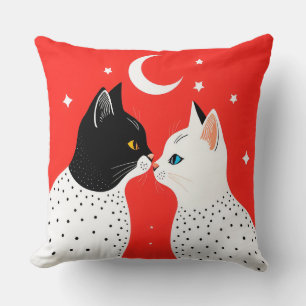 Black and White Cats Under a Crescent Moon Cushion