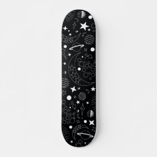Black and white celestial cosmic galaxy design skateboard