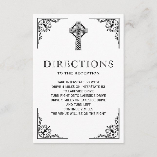Black and White Celtic Cross Wedding Directions Enclosure Card (Front)