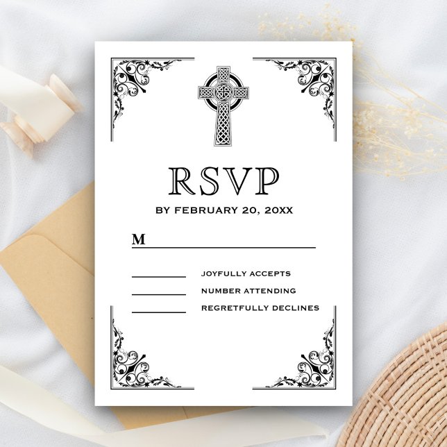 Black and White Celtic Cross Wedding RSVP Card (Creator Uploaded)