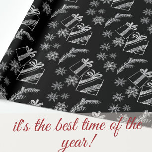 Black and White Chalk Christmas Gifts and Snow Wrapping Paper