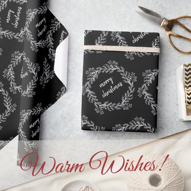 Black and White Chalk Merry Christmas Wreath Wrapping Paper (Creator Uploaded)