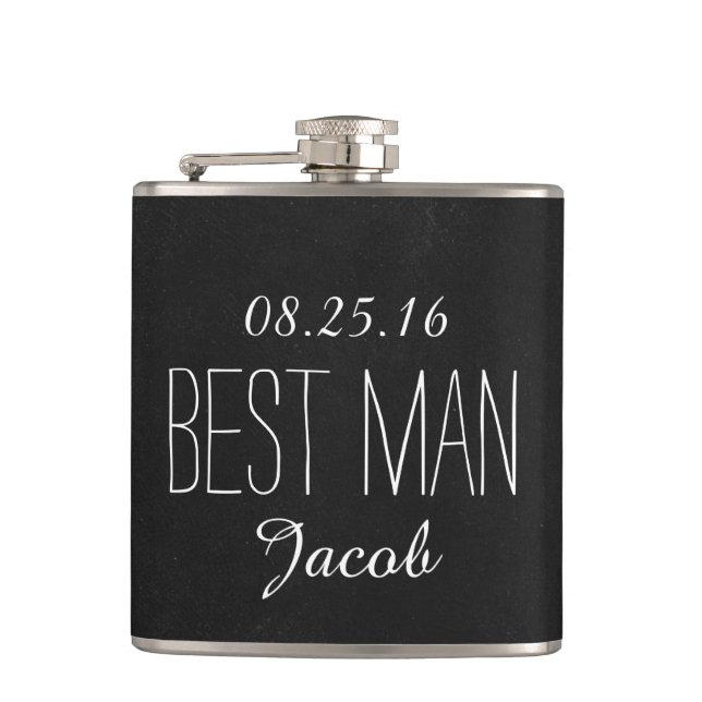 Black and White Chalkboard Best Man Hip Flask (Front)