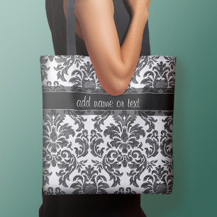 Black and White Chalkboard Damask Pattern Script Tote Bag