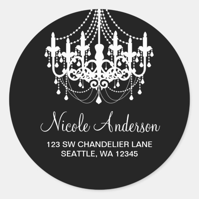 Black and White Chandelier Round Address Label (Front)