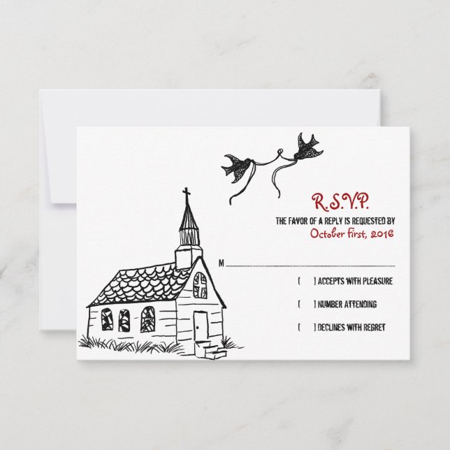 Black and White Chapel Wedding RSVP Card (Front)