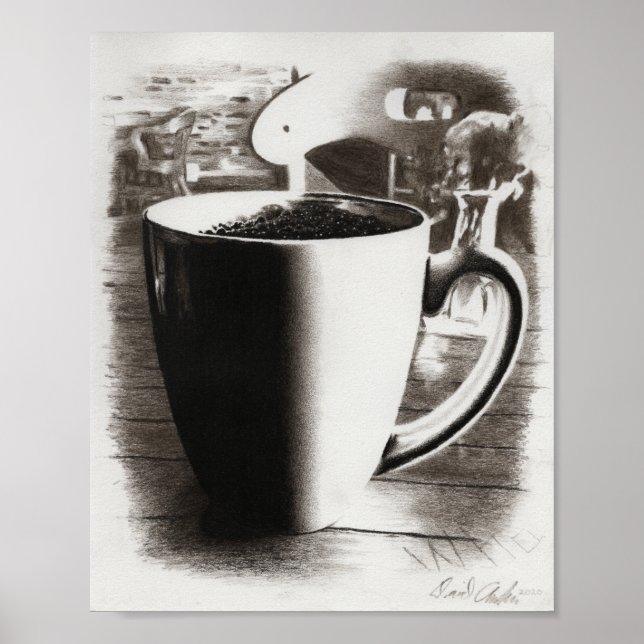 Black and White Charcoal Coffee Mug Drawing Poster (Front)
