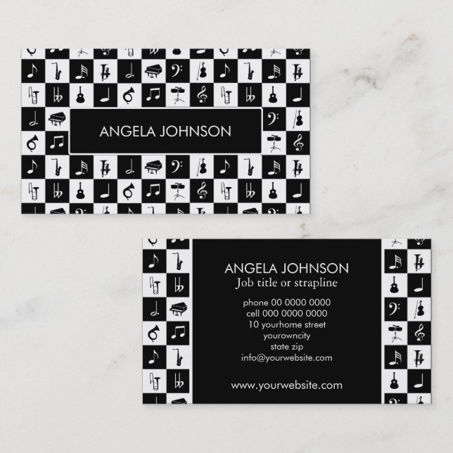 Black and white check music Instruments Business Card (Front/Back)