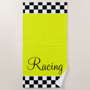 Black And White Check Racing Beach Towel