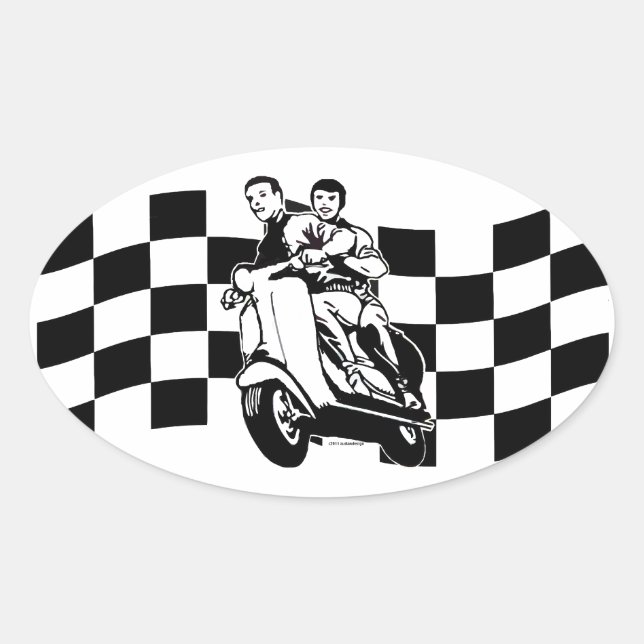 Black and white check scooter riders oval sticker (Front)