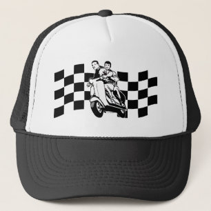 Black and white check scooter riders trucker hat