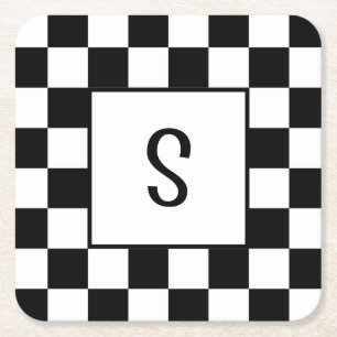 Black and White Checked Check Pattern Initial Square Paper Coaster