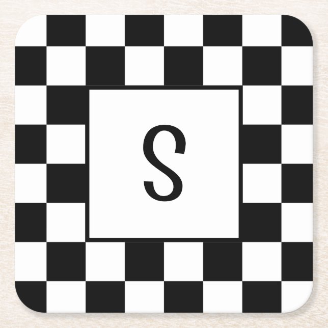 Black and White Checked Check Pattern Initial Square Paper Coaster (Front)