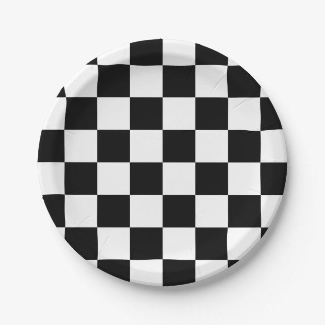 Black and White Checked Check Pattern Paper Plate (Front)