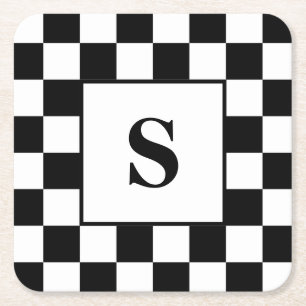 Black and White Checked Check Pattern w/ Initial Square Paper Coaster
