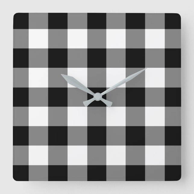 Black And White Checked Gingham Pattern Square Wall Clock (Front)